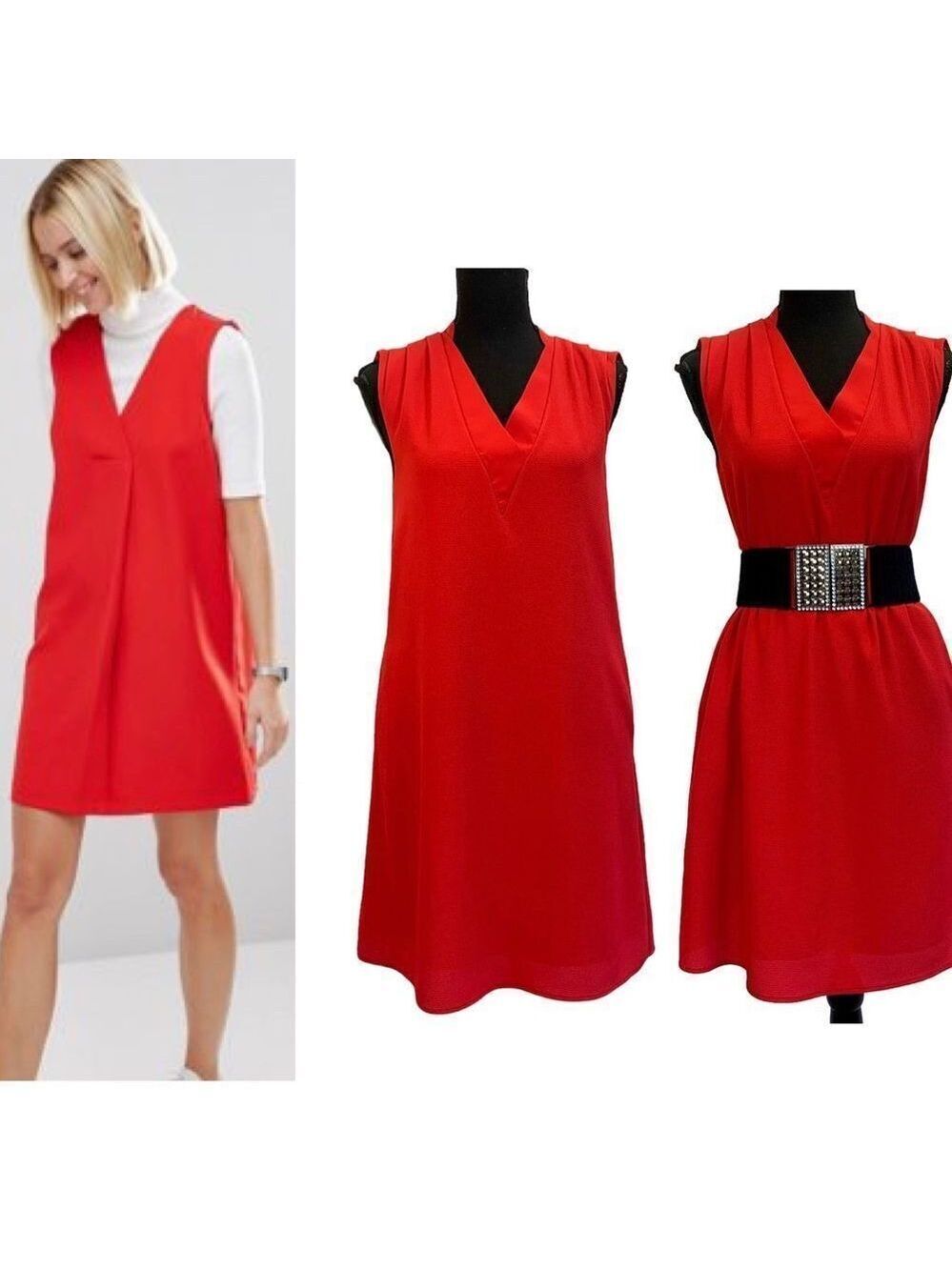 Rw&co red sleeveless pleated shift dress pockets Sz XXS stretchy